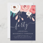 ネイビー&コーラルフォーティート誕生日パーティー 招待状 (正面)