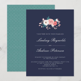 ネイビー&コーラルフローラ結婚式招待状 招待状