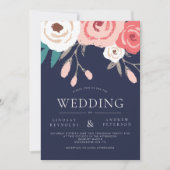 ネイビー&コーラルフローラ結婚式招待状 招待状 (正面)
