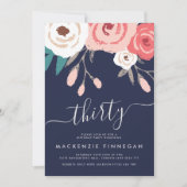 ネイビー&コーラルフローラ30歳の誕生日パーティー 招待状 (正面)