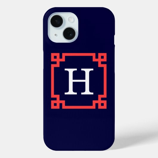 ネイビー+コーラルレッドのギリシャ鍵モチーフフレーム付きイニシャルモノグラム Case-Mate iPhoneケース (裏面)