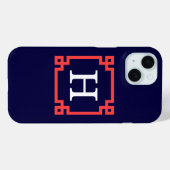 ネイビー+コーラルレッドのギリシャ鍵モチーフフレーム付きイニシャルモノグラム Case-Mate iPhoneケース (裏面 (横))