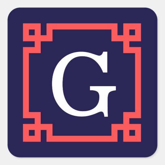 ネイビー,コーラルレッドギリシャ語鍵フレーム#2 Init Monogram スクエアシール (正面)