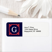 ネイビー，コーラルレッドギリシャ語鍵フレーム#2 Init Monogram ラベル (インサイチュ)