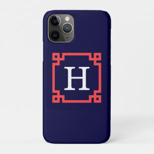 ネイビー,コーラルレッドギリシャ語鍵フレーム#2 Init Monogram iPhone 11 Proケース