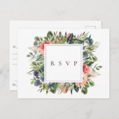 ネイビー コーラル フラワーの結婚式の出欠返信 曲のリクエスト インビテーションポストカード (正面/裏面)