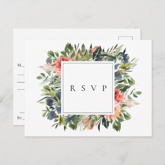 ネイビー コーラル フラワーの結婚式の出欠返信 曲のリクエスト インビテーションポストカード (正面/裏面)