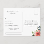 ネイビー コーラル フラワーの結婚式の出欠返信 曲のリクエスト インビテーションポストカード (裏面)