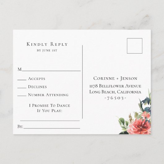ネイビー コーラル フラワーの結婚式の出欠返信 曲のリクエスト インビテーションポストカード (裏面)