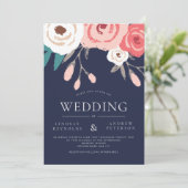 ネイビー＆コーラル フラワー ウェディング 招待状 (スタンド正面)