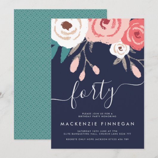 ネイビー＆コーラル 40歳の誕生日パーティー 招待状 (正面/裏面)