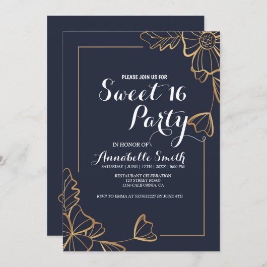 ネイビー&ゴールデンフローラスウィート16 招待状 (正面/裏面)