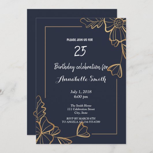 ネイビー&ゴールデンフローラ誕生日 招待状 (正面/裏面)