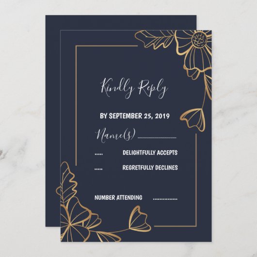ネイビー&ゴールデンフローラRSVP 招待状 (正面/裏面)