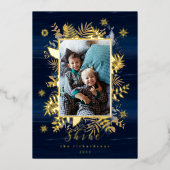 ネイビー＆ゴールドのジュエリー フェザー＆フォリアージ フォトフレーム 箔シーズンカード (正面)