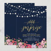 ネイビー＆ゴールドのストリングライトサプライズ誕生日パーティー 招待状 (正面/裏面)