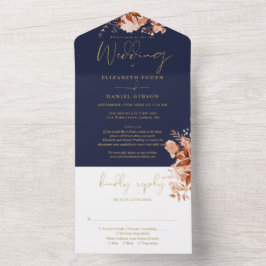 ネイビー+ゴールドのディテール+フローラルモチーフの結婚式RSVP オールインワン招待状