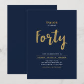ネイビー＆ゴールドの文字の40歳の誕生日パーティー 招待状 (正面/裏面)