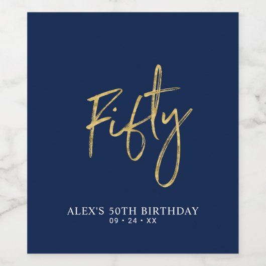 ネイビー & ゴールドの文字飾り 50歳の誕生日パーティー ワインラベル (シングルラベル)