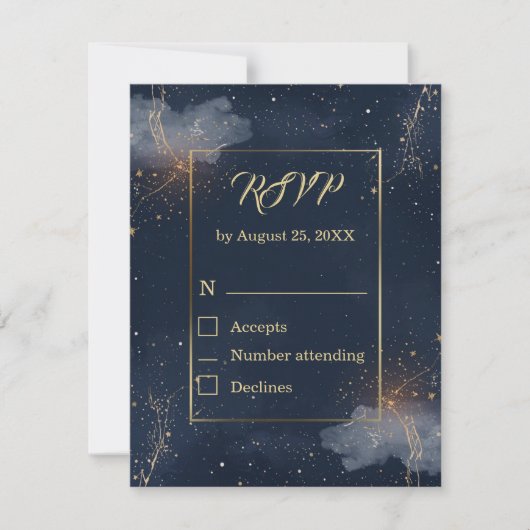 ネイビー&ゴールドの星をあしらった天体結婚式RSVPカード 出欠カード (正面)