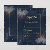 ネイビー&ゴールドの星をあしらった天体結婚式RSVPカード 出欠カード (正面/裏面)