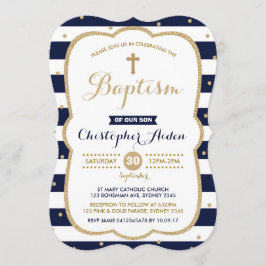 ネイビー＆ゴールドの男の子洗礼招待状 コンフェッティ 招待状