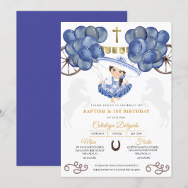 ネイビー＆ゴールドの赤ちゃんチャラ メキシカン バルーン 誕生の洗礼 招待状