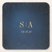 ネイビー＆ゴールドグリッター洗練されたモノグラムウェディング スクエアペーパーコースター (正面)