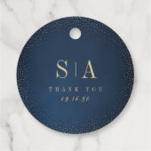 ネイビー&ゴールドグリッター洗練されたモノグラムウェディング フェイバータグ (裏面)