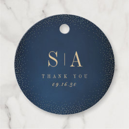 ネイビー＆ゴールドグリッター洗練されたモノグラムウェディング フェイバータグ