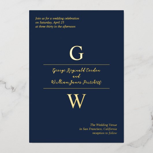 ネイビー&ゴールドフォイルイニシャルインフォーマル結婚ズ 箔招待状 (正面)