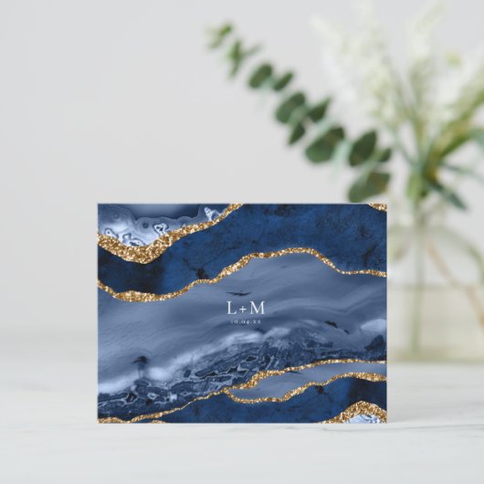 ネイビー ゴールド アゲート ジオード ジェムストーン 結婚発表 案内ポストカード (スタンド正面)