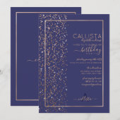 ネイビー ゴールド グリッターコンフェッティ サイド バースデー 招待状 (正面/裏面)