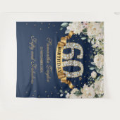 ネイビー ゴールド グリーンフローラル 60歳の誕生日バックドロップ タペストリー (正面(横))