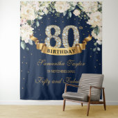 ネイビー ゴールド グリーンフローラル 80歳の誕生日バックドロップ タペストリー (インサイチュ)