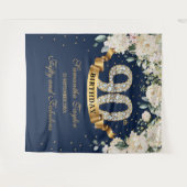 ネイビー ゴールド グリーンフローラル 90歳の誕生日背景 タペストリー (正面(横))