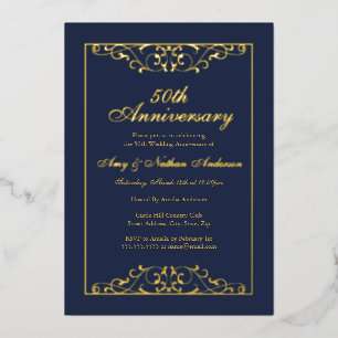 ネイビー ゴールド スワール 50周年記念結婚記念日 箔招待状