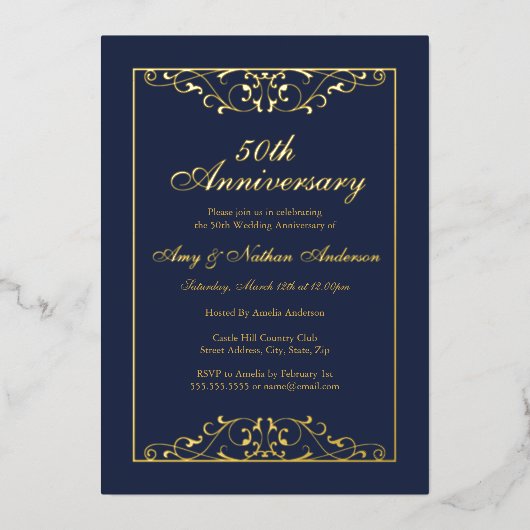 ネイビー ゴールド スワール 50周年記念結婚記念日  箔招待状 (正面)