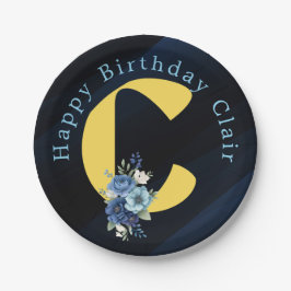 ネイビー＆ゴールド フローラル モノグラム 誕生日 ペーパープレート