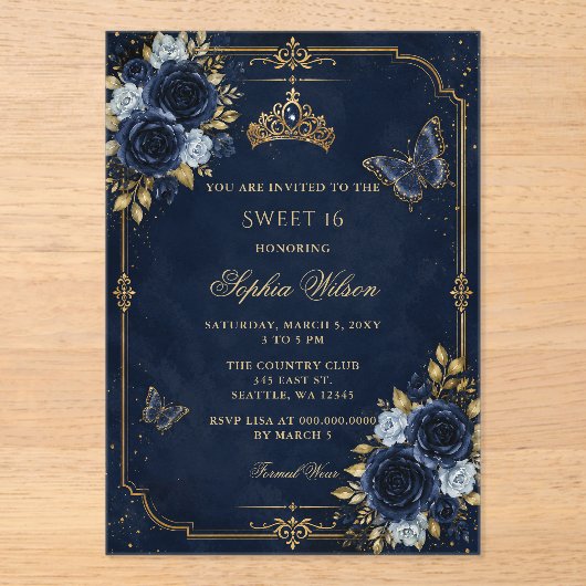 ネイビー ゴールド フローラル 蝶 スイート16 アクリル招待状 (正面)