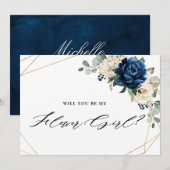 ネイビー ゴールド ホワイト アイボリー あなたは私のフラワーガール？ 招待状 (正面/裏面)