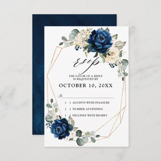 ネイビー ゴールド ホワイト シャンパン アイボリー ジオメトリック ウェディング 出欠カード (正面/裏面)