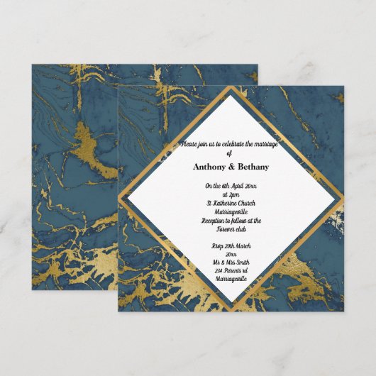 ネイビー ゴールド マーブルにインスパイアされたアブストラクト ゴールド 2 ウェディング 招待状 (正面/裏面)