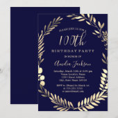 ネイビー ゴールド 水彩 wreath 100歳の誕生日 招待状 (正面/裏面)