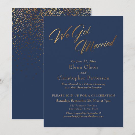 ネイビー & ゴールド 私たち結婚しました 披露宴の装飾 招待状 (正面/裏面)
