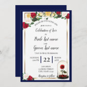 ネイビー ゴールド 赤いバラの招待状 招待状 (正面/裏面)