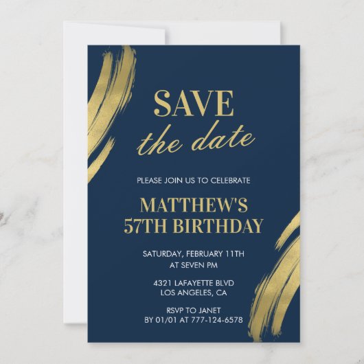 ネイビー ゴールド 57歳の誕生日招待状 Save the date 招待状 (正面)