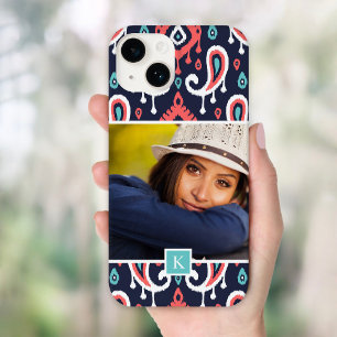 ネイビー&サンゴイカットペイズリーカスタムフォトモノグラム Case-Mate iPhone 14ケース