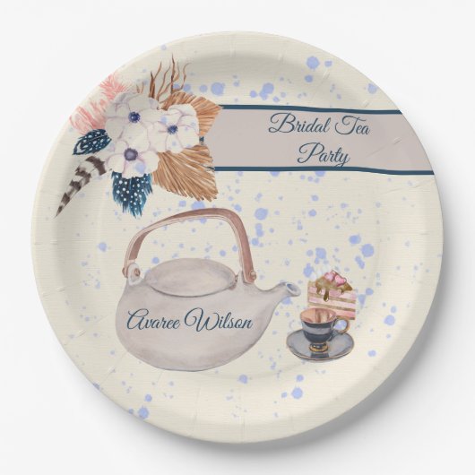ネイビー&サンゴブライダル茶パーティーシャワー ペーパープレート (正面)