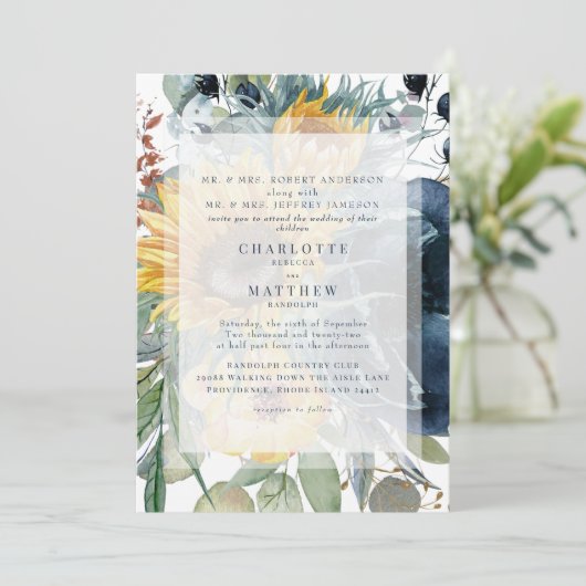 ネイビー&サンフラワー秋結婚フローラ 招待状 (スタンド正面)